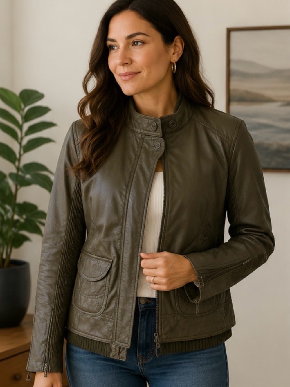 Danier Olive Green Genuine Leather Moto Jacket Size Large Ribbed Knit